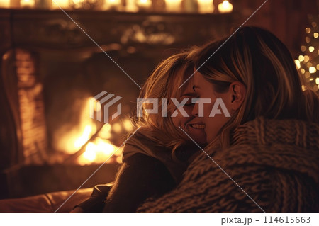 Sharing heat and art in a dark room by the fireplace Sharing heat and art in a dark room by the fireplace 114615663