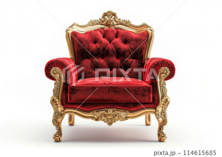 Opulent baroque style chair with a golden frame and luxurious red velvet upholstery 114615685