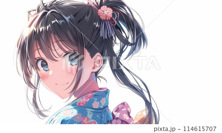 和服を着たポニーテールの若い女性のイラスト素材 [114615707] - PIXTA