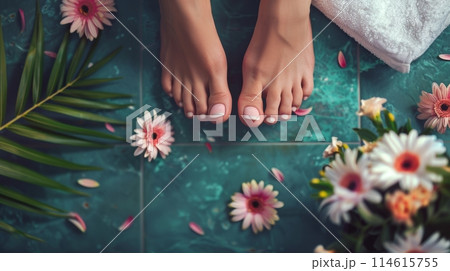 Beautiful spa day with elegant female feet and blossoms captured in a closeup, topdown view 114615755
