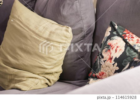 modern sofa with pillows in living room at home modern sofa with pillows in living room at home 114615928