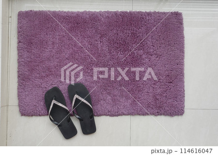 Pair of shoes on a rectangle rug in shades of purple 114616047