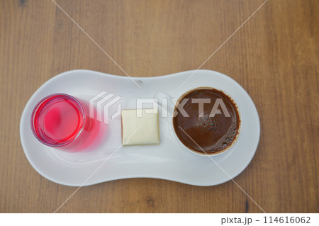 top vie of a cup of turkish coffee on table  114616062