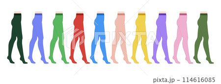 Set of colorful Tights Pantyhose on legs. Fashion accessory clothing technical illustration stocking. Vector side view Set of colorful Tights Pantyhose on legs. Fashion accessory clothing technical illustration stocking. Vector side view 114616085