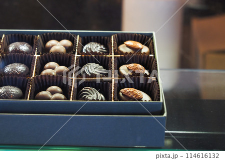 sweet chocolate candy in a box displaying at shop  114616132