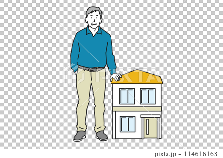 シニア男性と戸建住宅のイラスト シニア男性と戸建住宅のイラスト 114616163