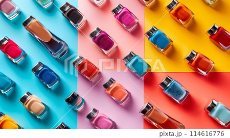Colorful collage showcasing a variety of nail polish bottles against contrasting backgrounds Colorful collage showcasing a variety of nail polish bottles against contrasting backgrounds 114616776