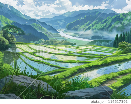 田植え後の水田 田舎の風景 イラストのイラスト素材 [114617591] - PIXTA