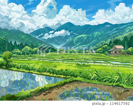 田植え後の水田 田舎の風景 イラストのイラスト素材 [114617592] - PIXTA
