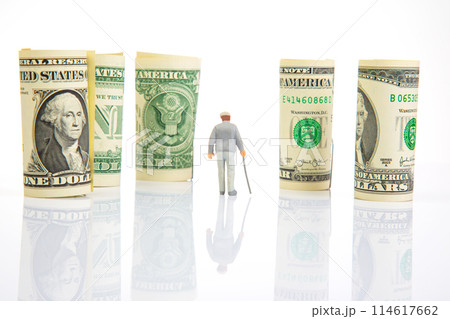 Miniature people. an elderly pensioner man stands near dollar money 114617662