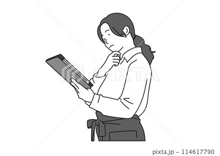 タブレットを見ながら考え込むアジア人の女性イラスト タブレットを見ながら考え込むアジア人の女性イラスト 114617790