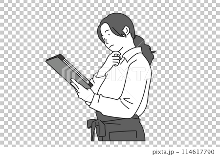 タブレットを見ながら考え込むアジア人の女性イラスト タブレットを見ながら考え込むアジア人の女性イラスト 114617790