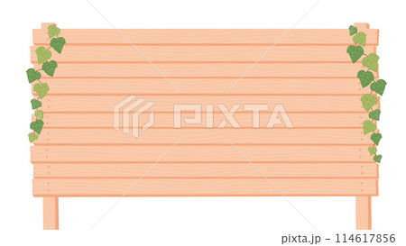 蔦をあしらったクリーム色の木材の看板のイラスト背景　ベクター　透過素材 114617856