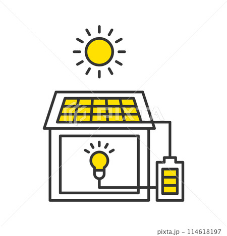発電した電力を蓄電池にたくわえる 非常時に電気を使う家のイラスト 発電した電力を蓄電池にたくわえる 非常時に電気を使う家のイラスト 114618197