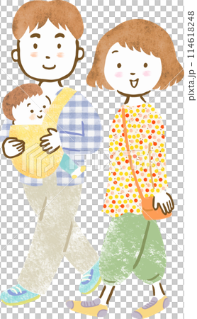 Hand-drawn illustration of a family of three with dad holding a baby (boy) 114618248