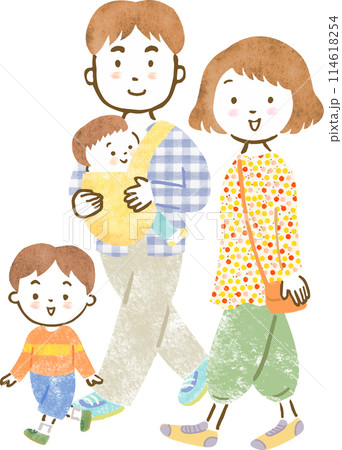 子供（男の子）が2人いる4人家族の手描きイラスト 114618254