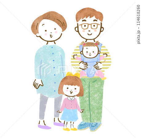 子供(女の子)が2人いる4人家族の手描きイラスト 子供(女の子)が2人いる4人家族の手描きイラスト 114618260