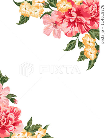 Vintage invitation with colorful flowers. Summer illustration. 114618276