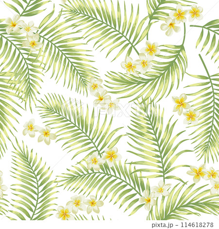 Seamless pattern with tropical leaves and flowers. Plumeria and palm trees. 114618278