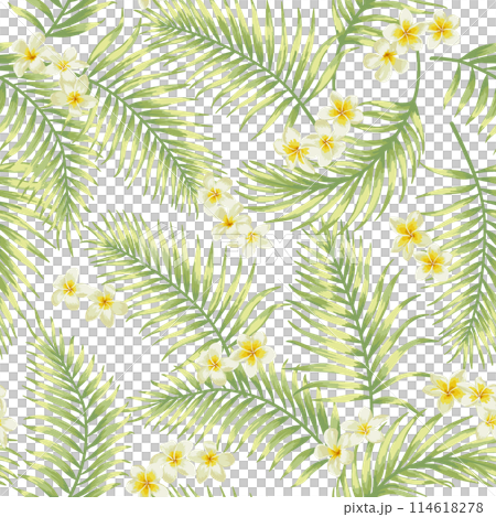 Seamless pattern with tropical leaves and flowers. Plumeria and palm trees. 114618278