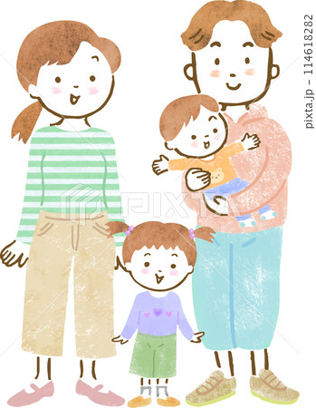 子供（男女）が2人いる4人家族の手描きイラスト 114618282