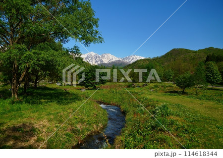 北アルプスの絶景と小川 114618344