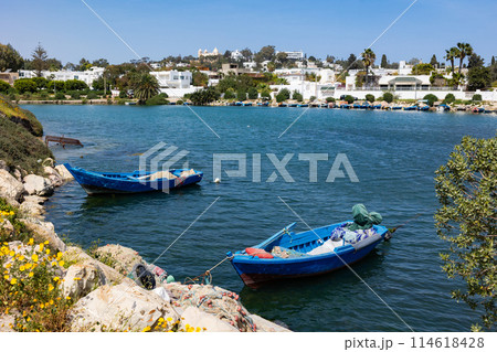 Ancient ruins and columns on territory of historical museum of Carthage, port and coastal areas Ancient ruins and columns on territory of historical museum of Carthage, port and coastal areas 114618428