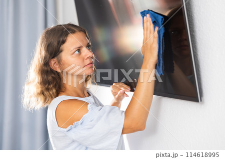 Young woman cleaning TV screen at home Young woman cleaning TV screen at home 114618995