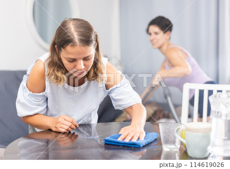 Beautiful brunette woman wiping table while her partner cleaning floor with vacuum cleaner Beautiful brunette woman wiping table while her partner cleaning floor with vacuum cleaner 114619026