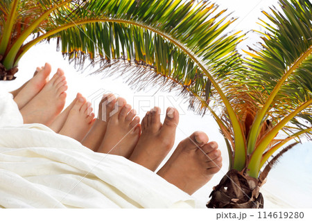 many children's feet peek out from under the blanket against the backdrop of palm trees. many children's feet peek out from under the blanket against the backdrop of palm trees. 114619280