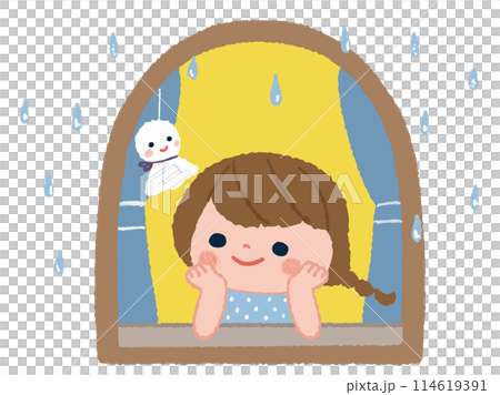 雨の日に窓辺の子供とてる坊主 114619391