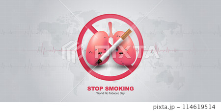 World no tobacco day, a concept for stop smoking. heart bit line and cigarette. dangers of smoking. smoking effect on lung with people around and family. vector design. 114619514
