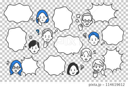 ネガティブなビジネスパーソンとふきだし･アイコンのセット【人物ベクターイラスト素材】 114619612