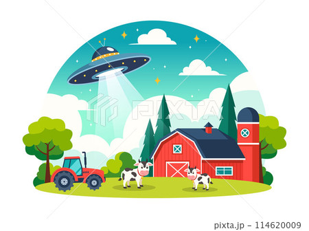 UFO Flying Spaceship Vector Illustration with Rays of Light in Sky Night City View, Abducts Human and Alien in Flat Kids Cartoon Background Design UFO Flying Spaceship Vector Illustration with Rays of Light in Sky Night City View, Abducts Human and Alien in Flat Kids Cartoon Background Design 114620009