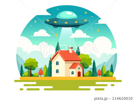 UFO Flying Spaceship Vector Illustration with Rays of Light in Sky Night City View, Abducts Human and Alien in Flat Kids Cartoon Background Design UFO Flying Spaceship Vector Illustration with Rays of Light in Sky Night City View, Abducts Human and Alien in Flat Kids Cartoon Background Design 114620010
