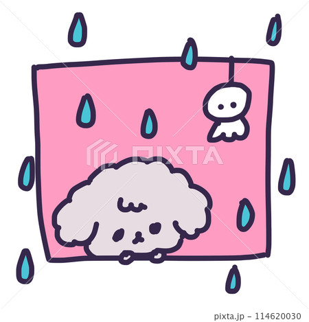 てるてる坊主とかわいいトイプードルの子犬のイラスト（雨降り） 114620030