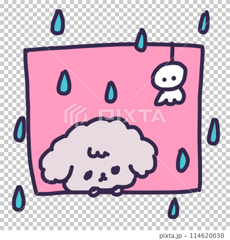 てるてる坊主とかわいいトイプードルの子犬のイラスト（雨降り） 114620030
