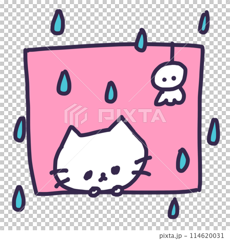 Teruteru Bozu 和一隻可愛的白色小貓的插圖（下雨） 114620031
