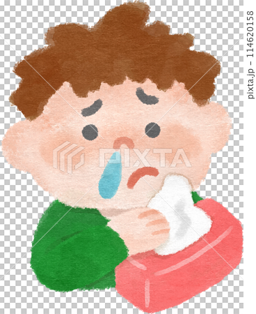 Boy blowing a runny nose Hand-drawn illustration 114620158