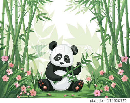 Cute cartoon panda sitting on the ground holding bamboo, surrounded by tall green and dense bamboo with pink flowers in a spring forest background. Cute cartoon panda sitting on the ground holding bamboo, surrounded by tall green and dense bamboo with pink flowers in a spring forest background. 114620172