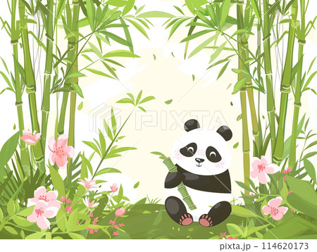 Cute cartoon panda sitting on the ground holding bamboo, surrounded by tall green and dense bamboo with pink flowers in a spring forest background.  Cute cartoon panda sitting on the ground holding bamboo, surrounded by tall green and dense bamboo with pink flowers in a spring forest background.  114620173