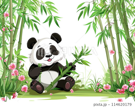 Cute cartoon panda sitting on the ground holding bamboo, surrounded by tall green and dense bamboo with pink flowers in a spring forest background. Cute cartoon panda sitting on the ground holding bamboo, surrounded by tall green and dense bamboo with pink flowers in a spring forest background. 114620179