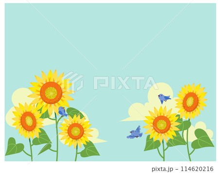 ひまわりの花と青い鳥 114620216
