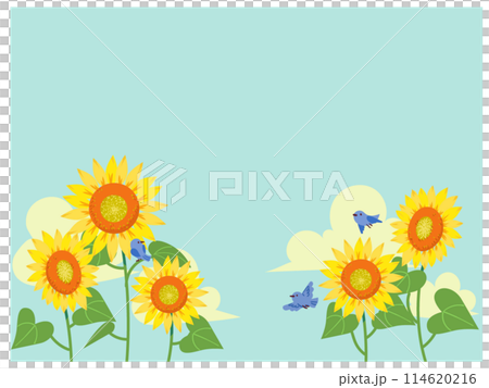 ひまわりの花と青い鳥 114620216