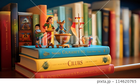 A whimsical still life of a shelf full of colorful books and toy 114620765