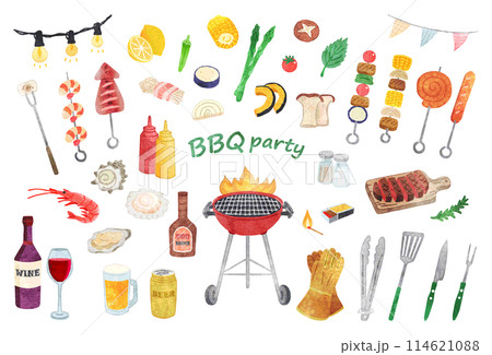 手描き水彩　BBQイラストセット 114621088