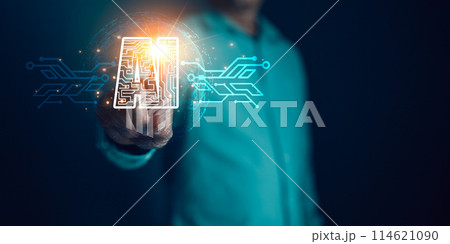 Digital Artificial Intelligence (AI) technology disruption concept.man touch Ai circuit global Internet connect. Big data storage.Innovative technology Machine learning support in the business. Digital Artificial Intelligence (AI) technology disruption concept.man touch Ai circuit global Internet connect. Big data storage.Innovative technology Machine learning support in the business. 114621090