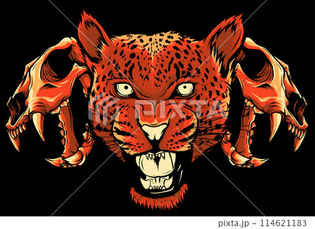 Leopard head with skull on black background 114621183