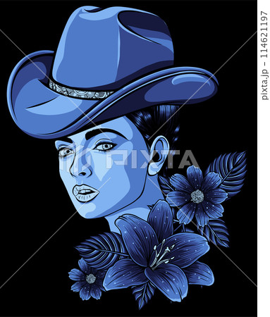 vector illustration of Pretty country girl, cowgirl on black background vector illustration of Pretty country girl, cowgirl on black background 114621197