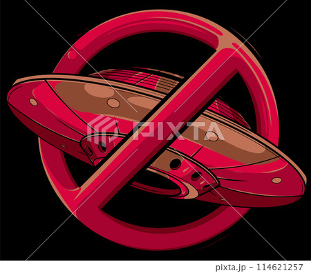 No UFO symbol design illustration. Forbidden sign with spaceship and alien icon isolated on black background 114621257